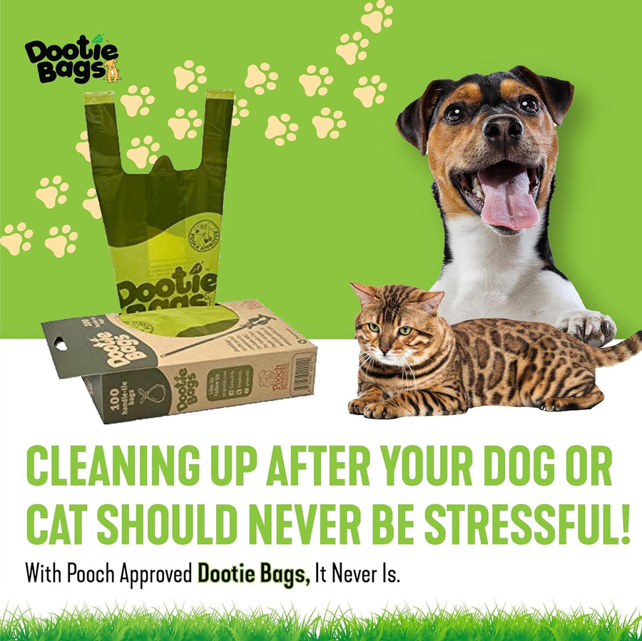 The Original Dootie Bag Is Back! Pooch Approved Large Dootie Bags, Dog Poop Bags. Strong, Leakproof - EZ Tie Handles. Perfect for Dogs & Cat Litter. Pet Waste Cleanup, Swivel Bin & Scoopers.
