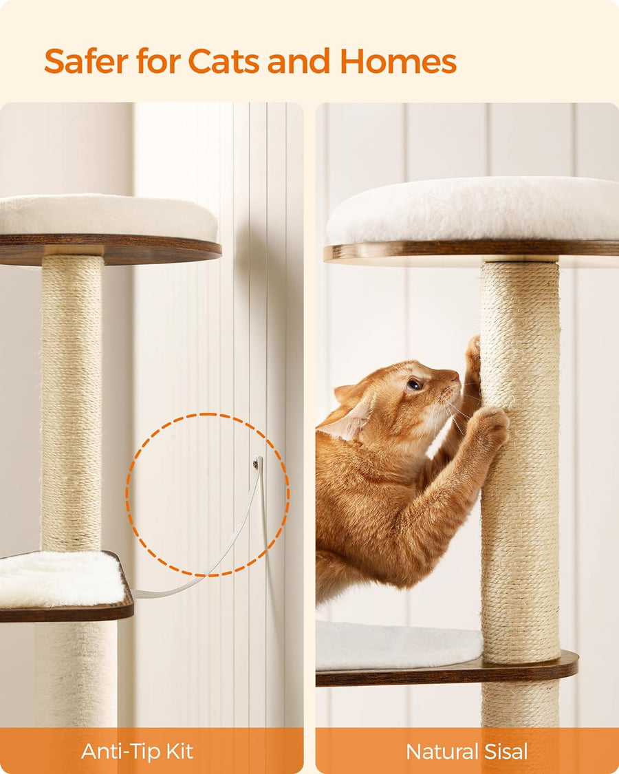 Cat Tree, 64.6-Inch Modern Cat Tower, Multi-Level Condo with 5 Scratching Posts, Perch, Washable Removable Cushions, Cave, Rustic Brown UPCT166X01