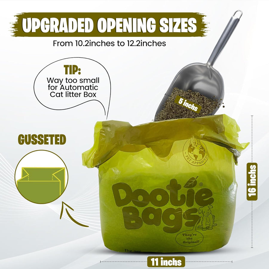 The Original Dootie Bag Is Back! Pooch Approved Large Dootie Bags, Dog Poop Bags. Strong, Leakproof - EZ Tie Handles. Perfect for Dogs & Cat Litter. Pet Waste Cleanup, Swivel Bin & Scoopers.