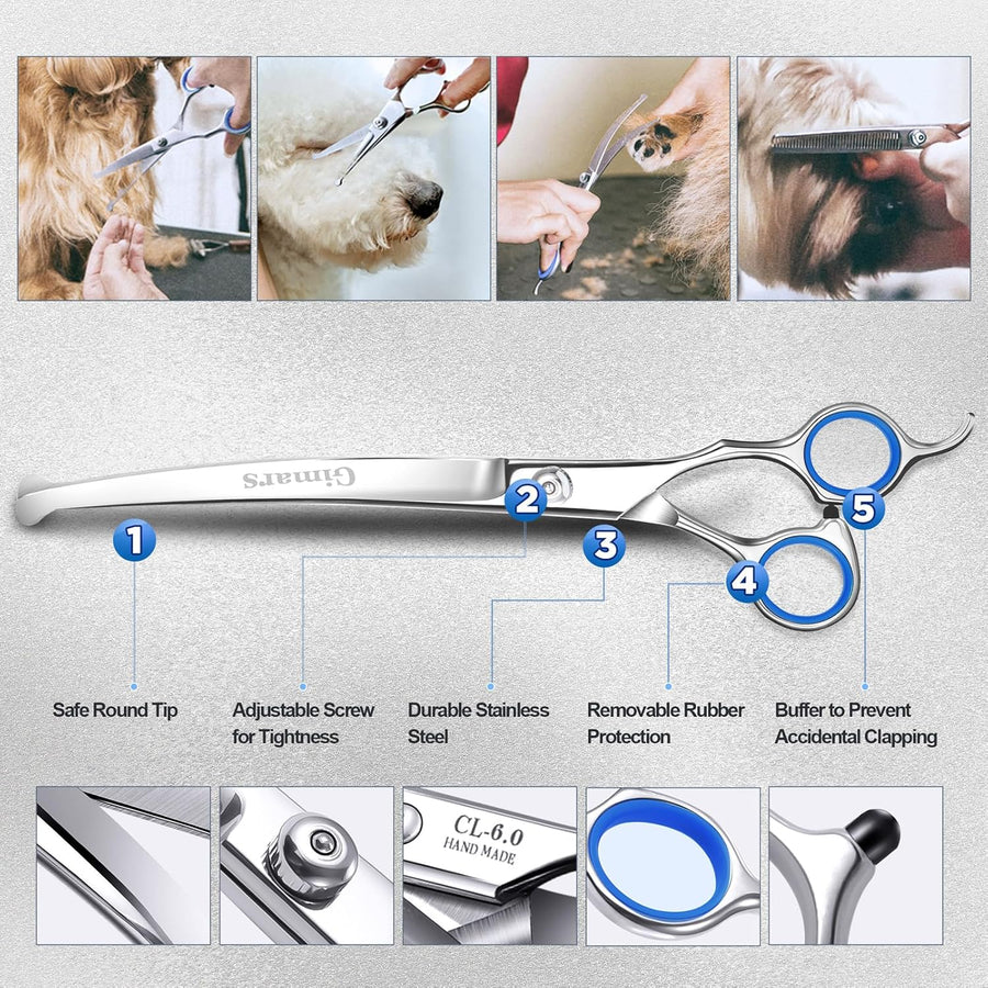 Titanium Coated Professional 6 in 1 4CR Stainless Steel Dog Grooming Scissors with Safety round Tip, Heavy Duty Pet Grooming Scissor for Dogs, Cats and Other Animals