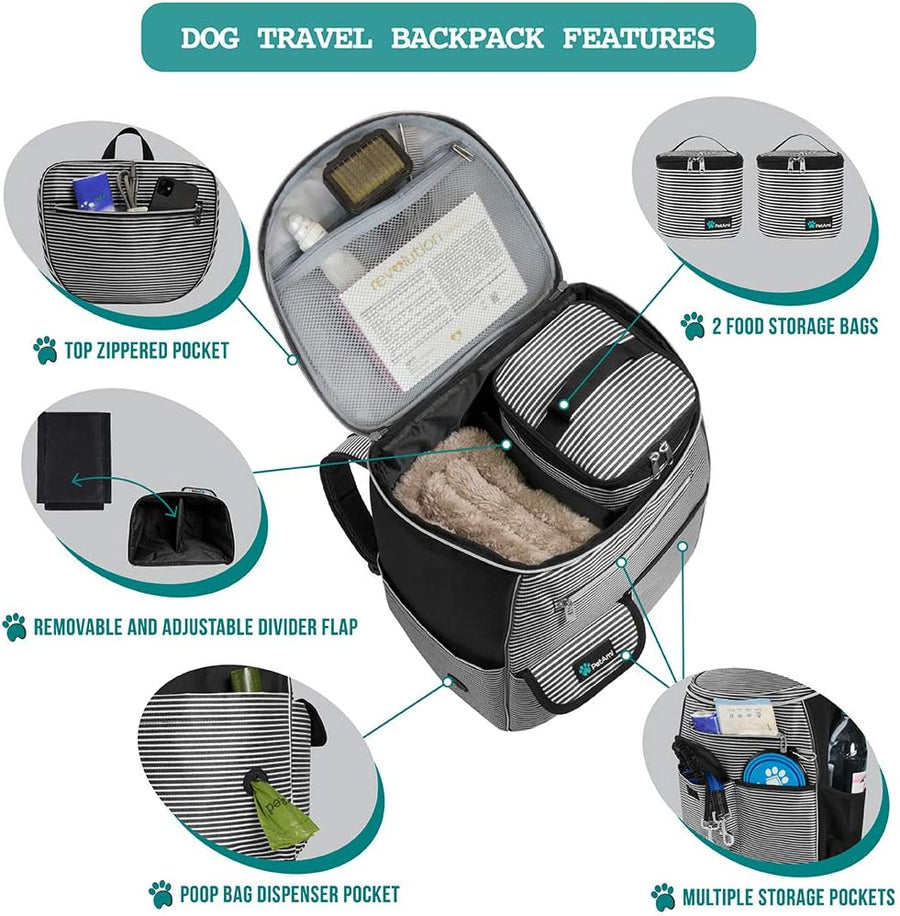 Dog Travel Bag Backpack, Airline Approved Dog Bags for Traveling, Puppy Diaper Bag Supplies, Pet Camping Essentials Hiking Accessories Gift, Food Container, Collapsible Bowls, Stripe Black