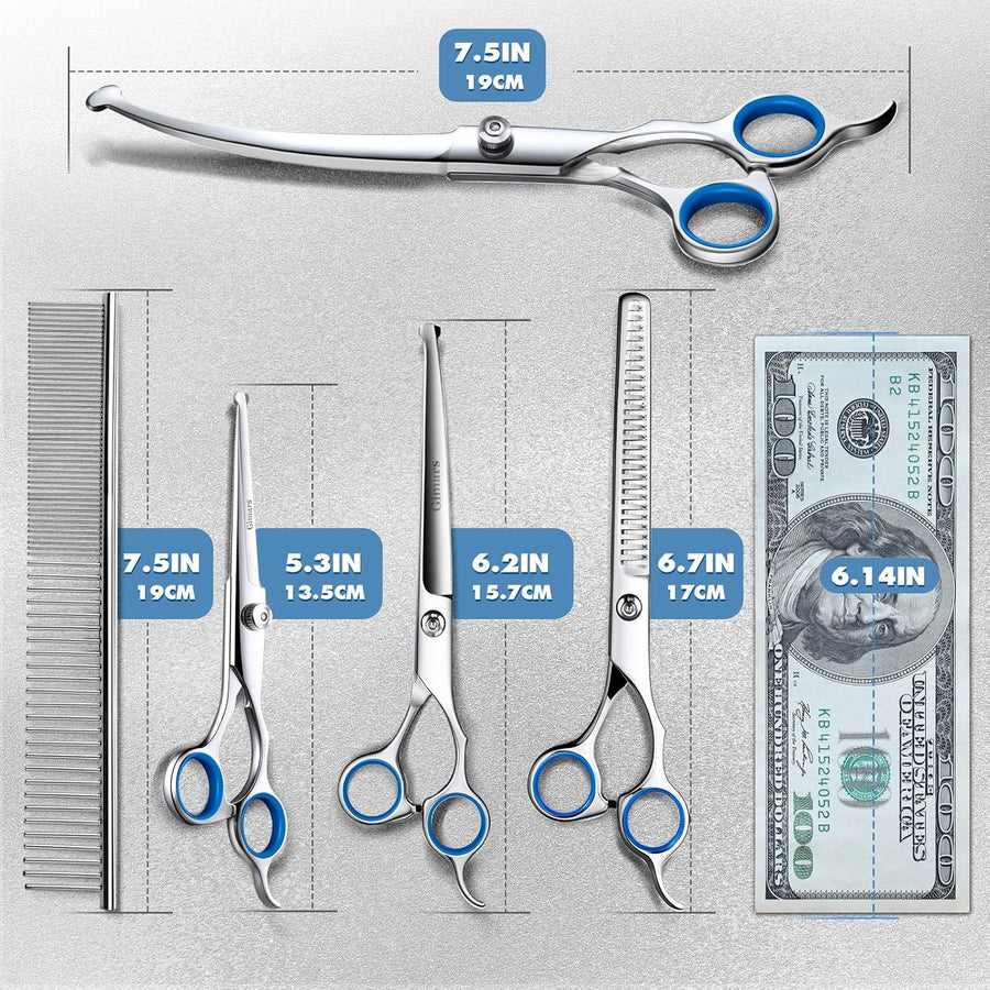Titanium Coated Professional 6 in 1 4CR Stainless Steel Dog Grooming Scissors with Safety round Tip, Heavy Duty Pet Grooming Scissor for Dogs, Cats and Other Animals